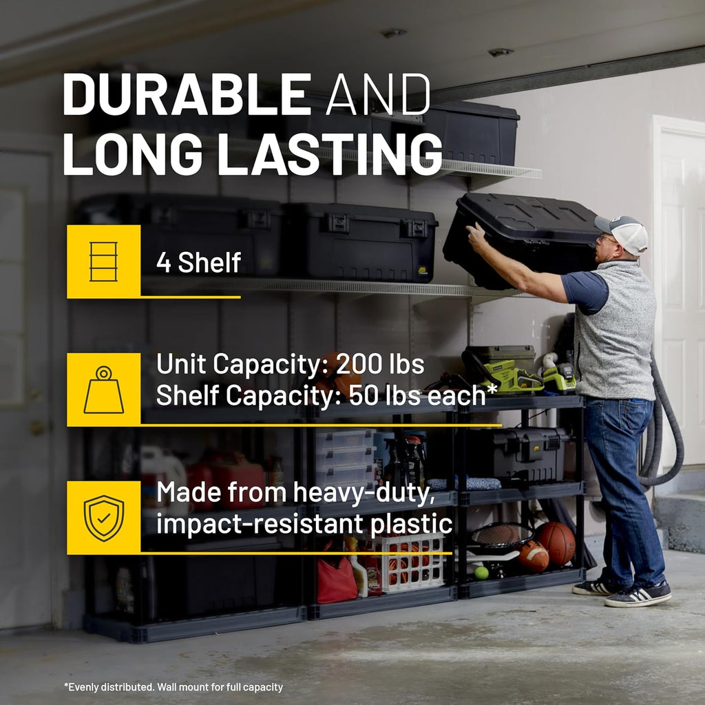 4-Shelf Plastic Storage Shelves, 48” x 23” x 14”, 200lb Capacity, Pantry, Office, Closet and Garage Shelves, Easy to