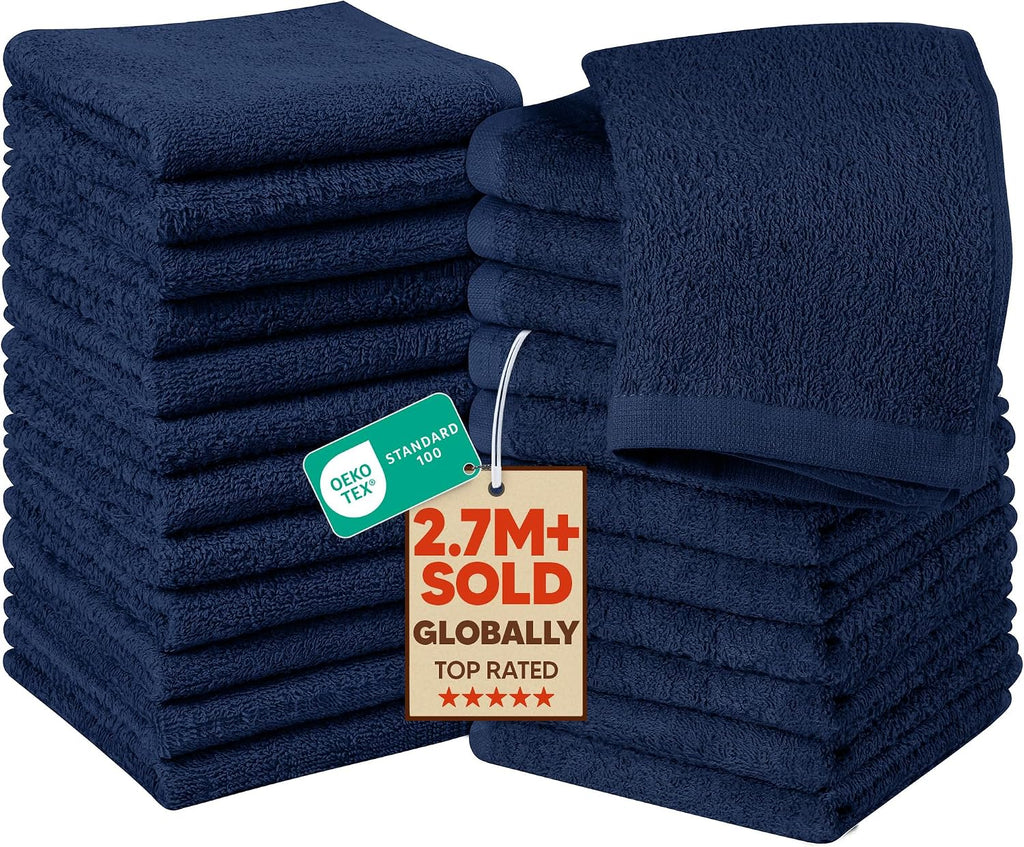 24 Pack Washcloths, 12x12 in, 100% Cotton, Navy | Premium 100% Ring Spun Cotton Face Cloths - Highly Absorbent, Fast