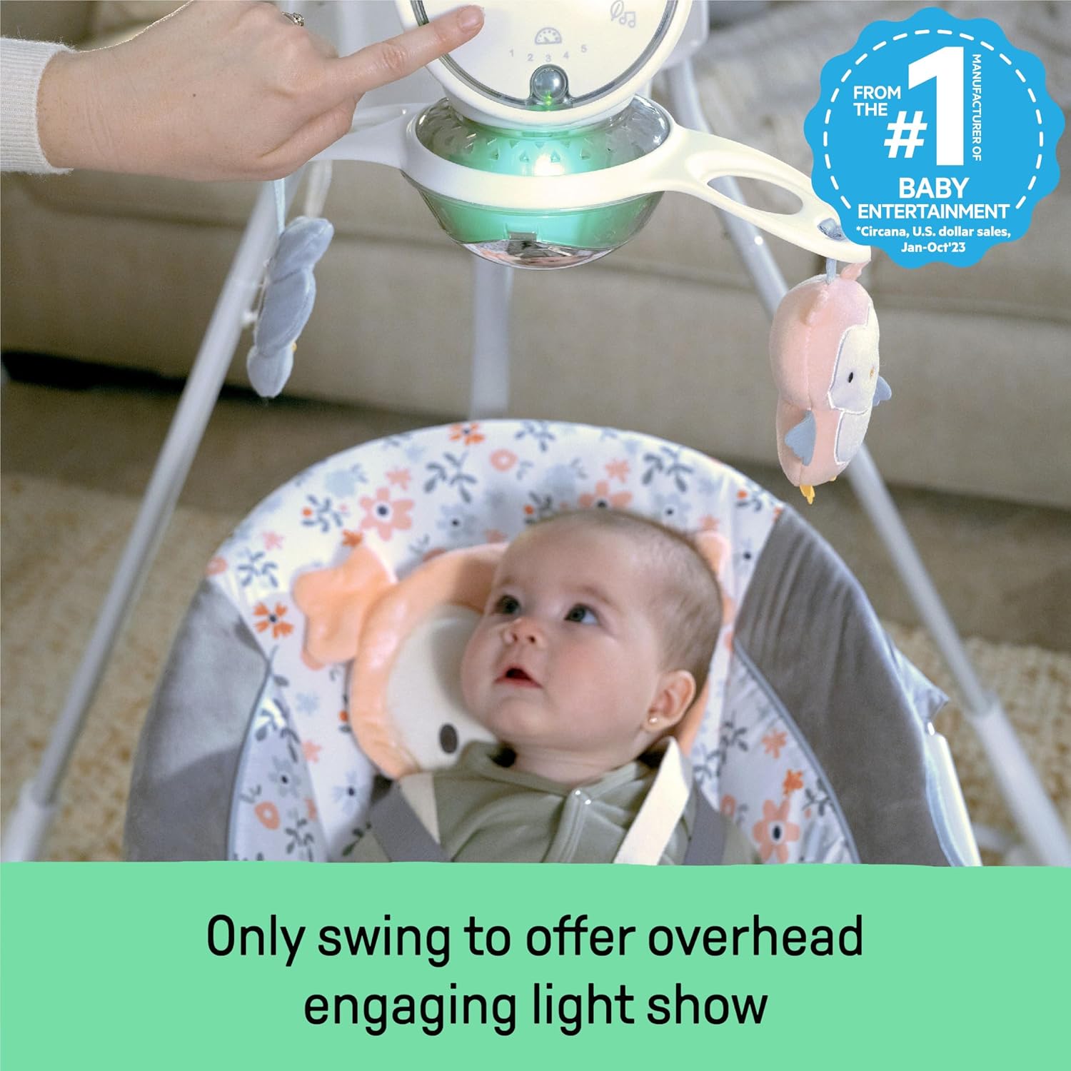 InLighten 5-Speed Baby Swing - Swivel Infant Seat, 5 Point Safety Harness, Nature Sounds, Lights - Nally Owl