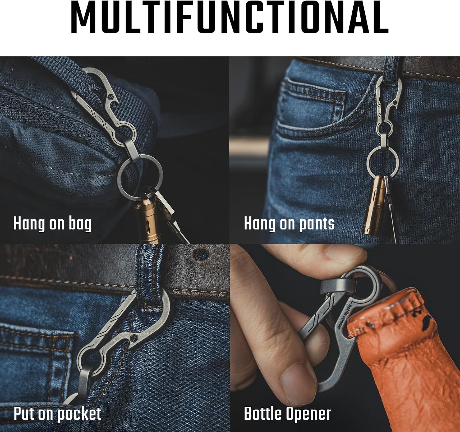 KM01 Titanium EDC Keychain Clip with Bottle Opener | Quick Release Carabiner Key Ring Holder, Compact Pocket Tool