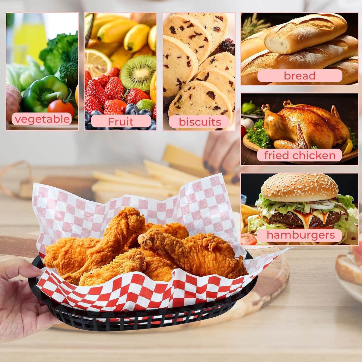 6 Black Food Baskets with 60 Red Checkered Liners, Reusable Baskets