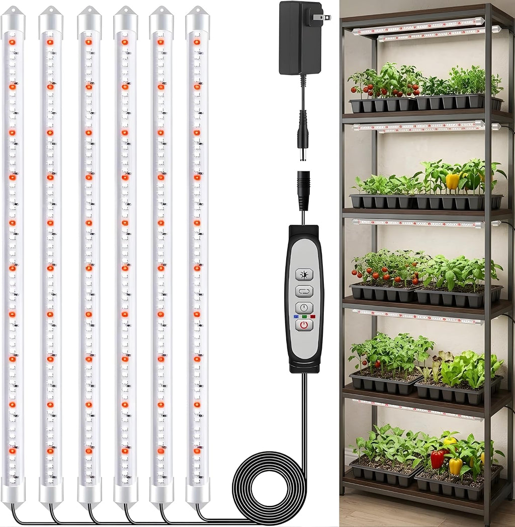 16'' 6 Bars Grow Light Strips for Indoor Plants with Auto ON/Off Timer 6/12/18H, 5 Dimmable Levels for Shelves Plant