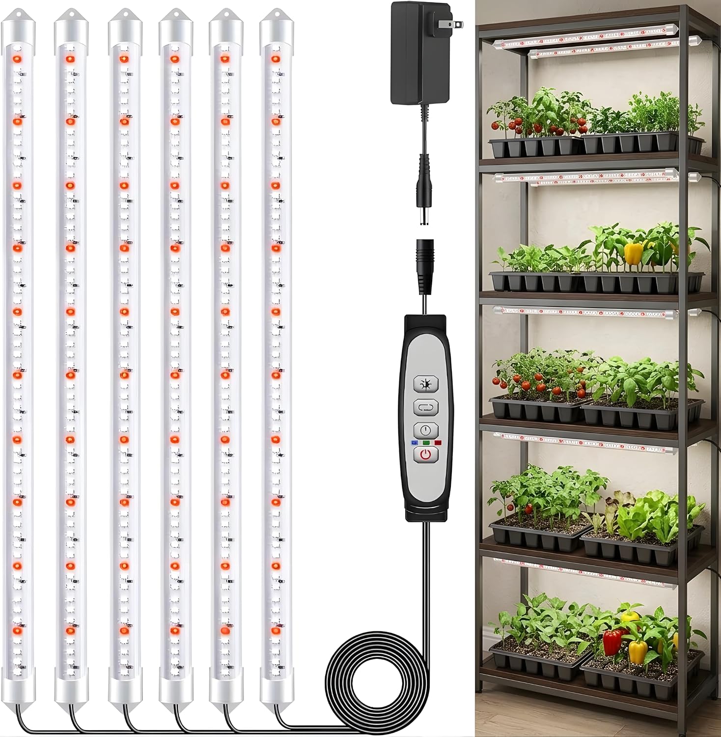 16'' 6 Bars Grow Light Strips for Indoor Plants with Auto ON/Off Timer 6/12/18H, 5 Dimmable Levels for Shelves Plant