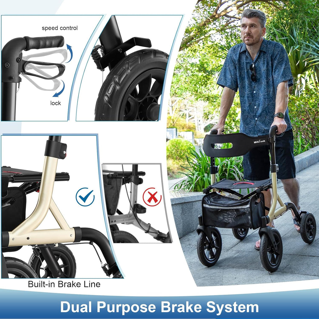 Walkers for Seniors, Rollator Walker with Seat, 12" Big Rubber Wheels All Terrain Rollator Walker with Backrest