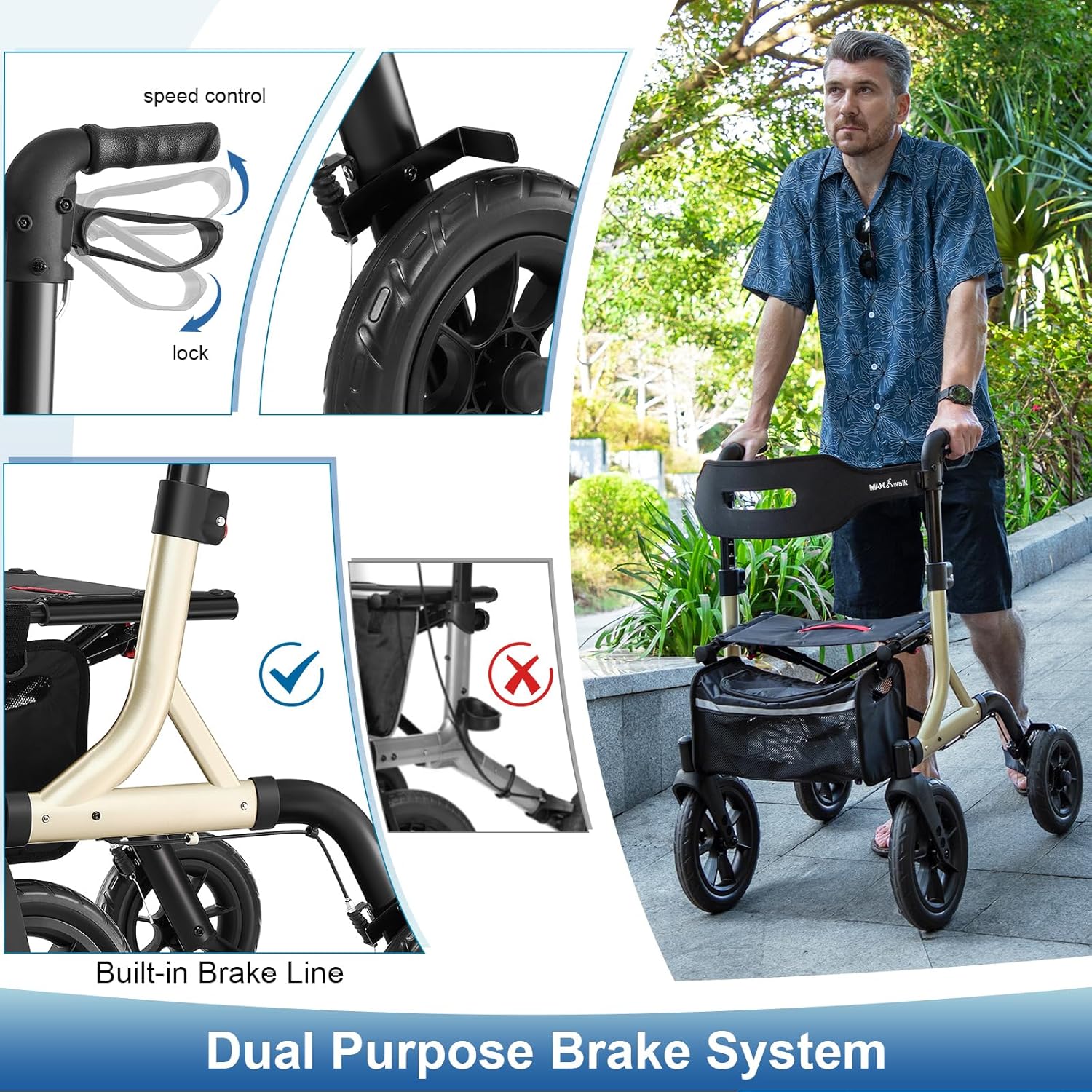 Walkers for Seniors, Rollator Walker with Seat, 12" Big Rubber Wheels All Terrain Rollator Walker with Backrest