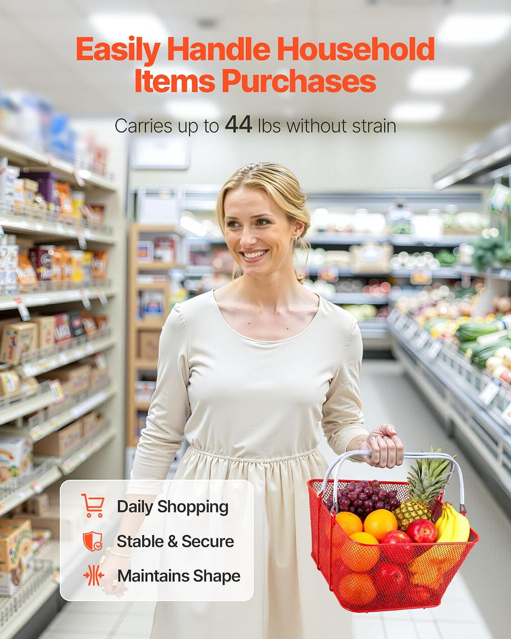 Shopping Baskets, 12 PCS, 22L Stackable Metal Grocery Baskets with Handles, Dense Mesh Structure, Holds up to 44 lbs