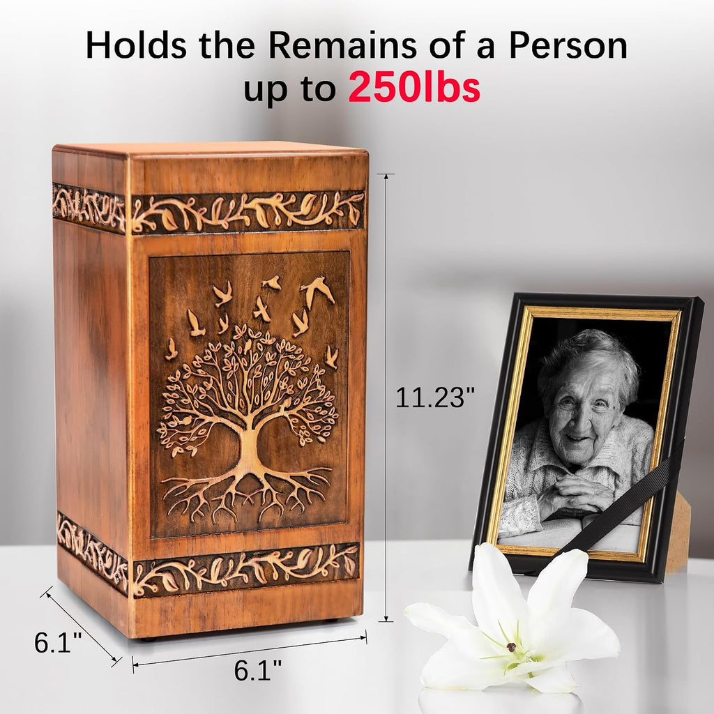 Wooden Cremation Urn for Human Ashes Adult Male Female 250 lbs, Engraved Tree of Life Decorative Funeral Urns Box and