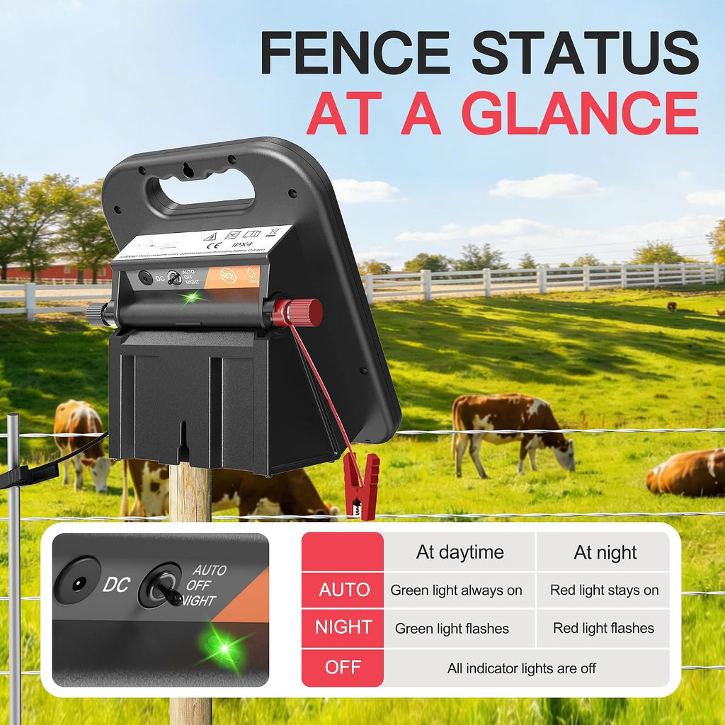 10 Mile Solar Fence Charger 0.11J Electric Fence Energizer with Day Night Mode 24-Hour Protection Black