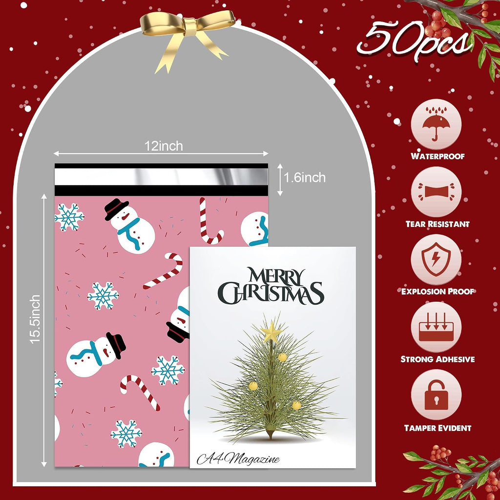 Christmas Poly Mailer 12x15.5 Inch 50 Pcs, Snowmen Printed