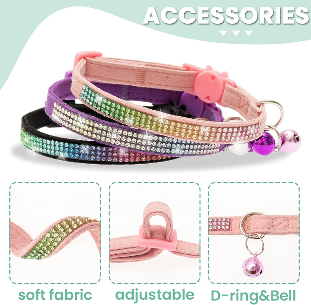 Breakaway Cat Collar with Bells, 3 Pack Rhinestone Pet Collars