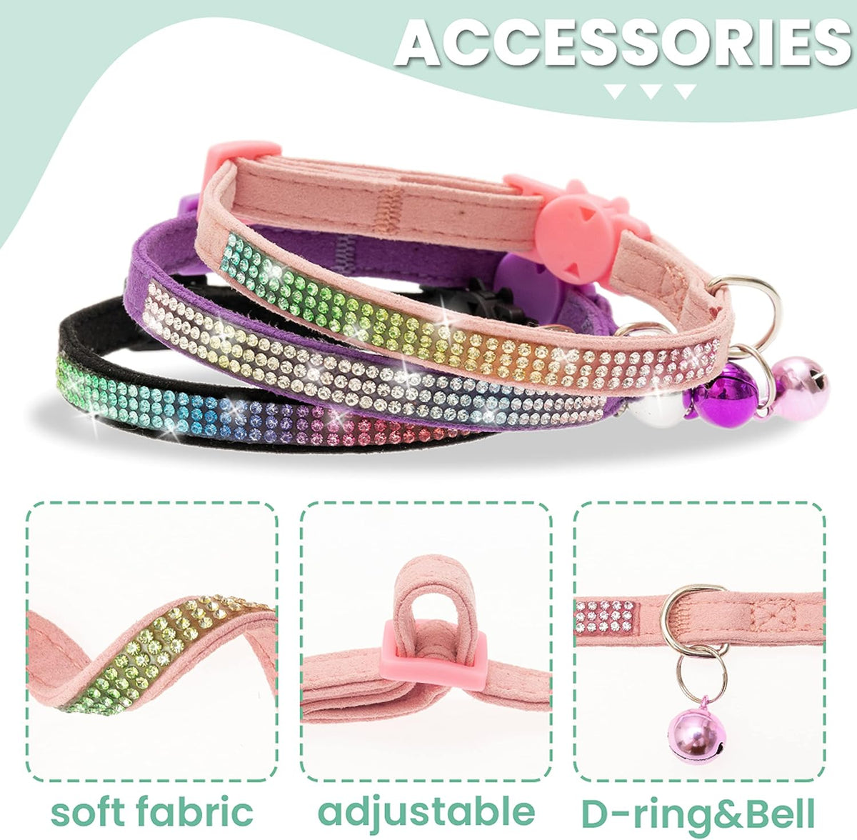 Breakaway Cat Collar with Bells, 3 Pack Rhinestone Pet Collars