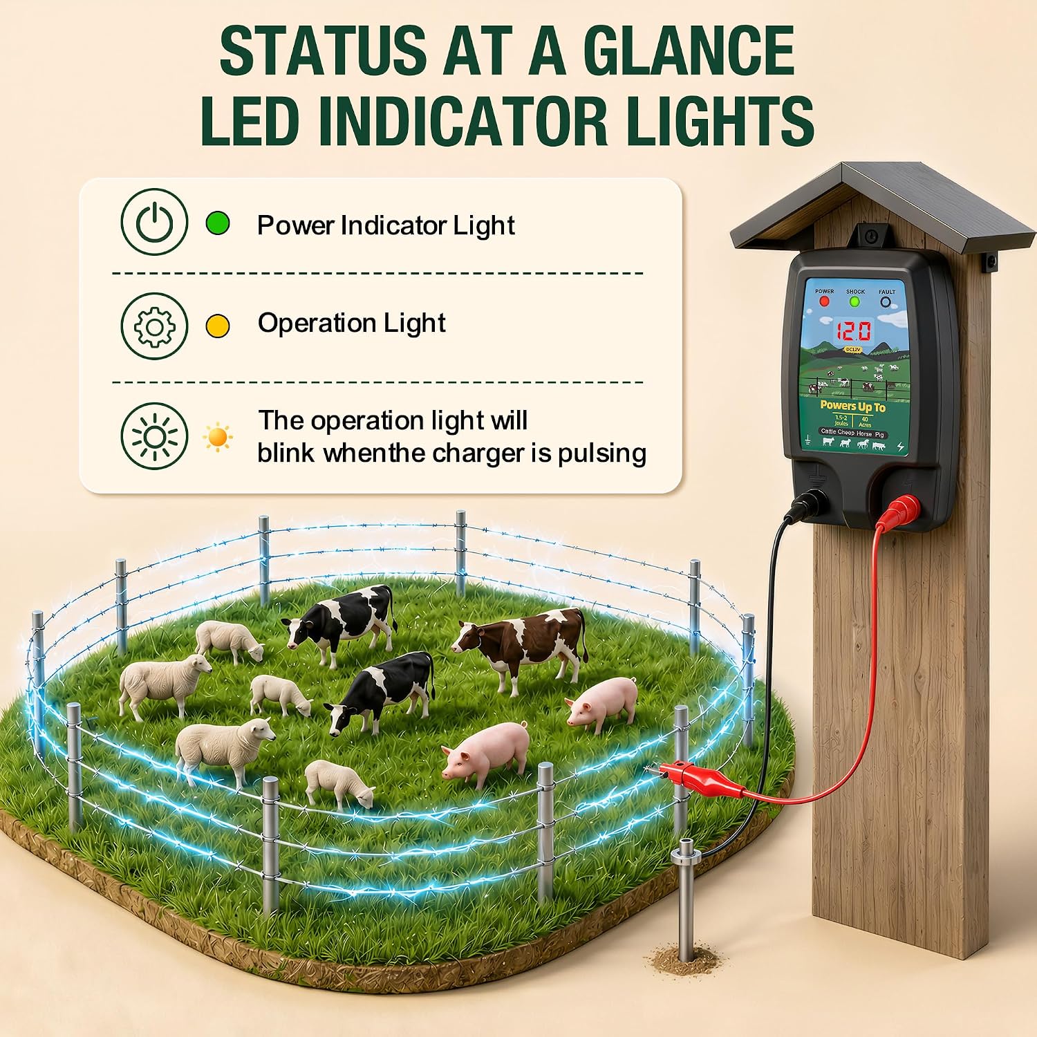 Electric Fence Charger 15 Miles, 12KV Pulse Charger AC/DC Solar Compatible, Heavy Duty Livestock 2J Fence Charger for