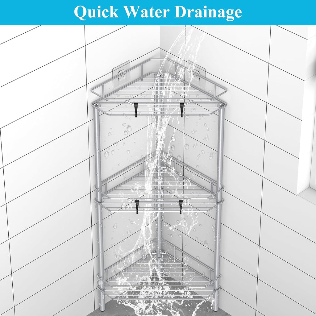 Metal Floor Standing Corner Shower Caddy, Silver, 3 Tier | Adhesive Bathroom Organizer Shelves, Free Standing Shower