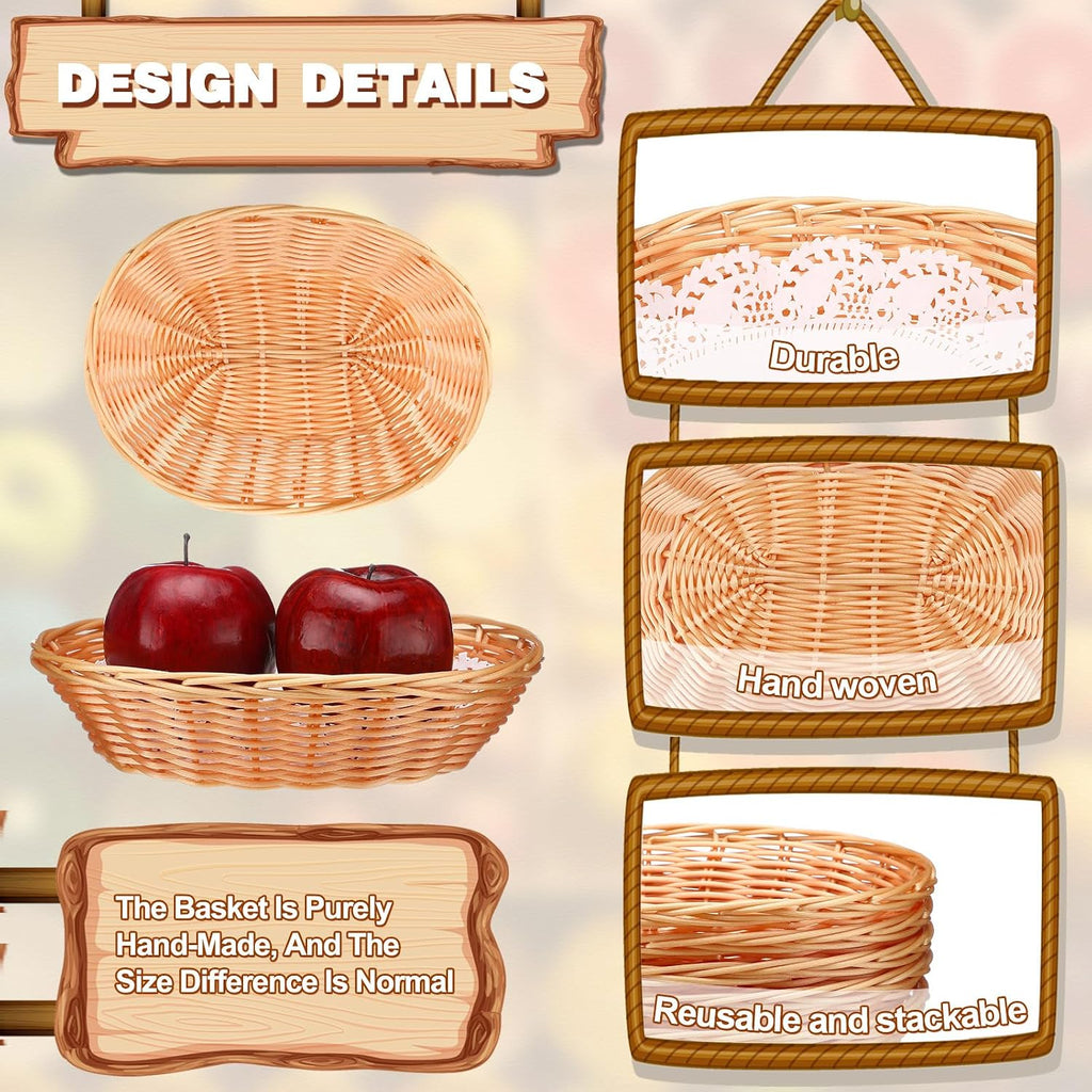 16 Pcs Oval Small Plastic Wicker Bread Basket 2.36 x 9 x 6.7 Inch Woven Food Fruit Storage Basket Bulk for Serving