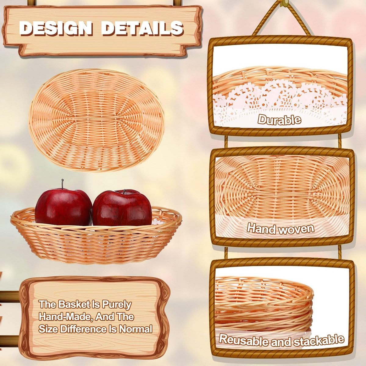 16 Pcs Oval Small Plastic Wicker Bread Basket 2.36 x 9 x 6.7 Inch Woven Food Fruit Storage Basket Bulk for Serving