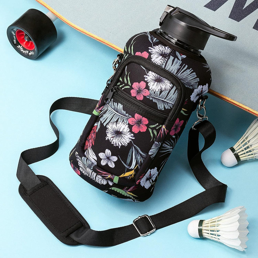 Half Gallon Water Bottle with Sleeve 64 OZ Water Bottle with Handle & Straw Leakproof Motivational Sports Gym Water