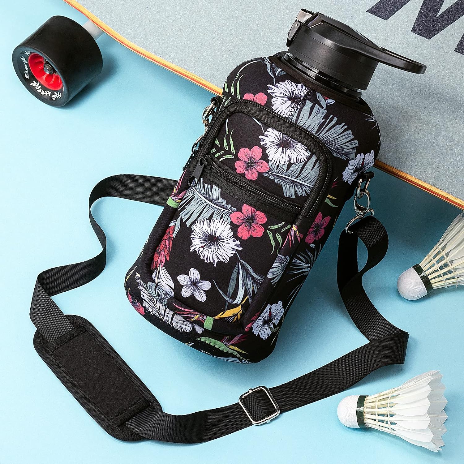 Half Gallon Water Bottle with Sleeve 64 OZ Water Bottle with Handle & Straw Leakproof Motivational Sports Gym Water