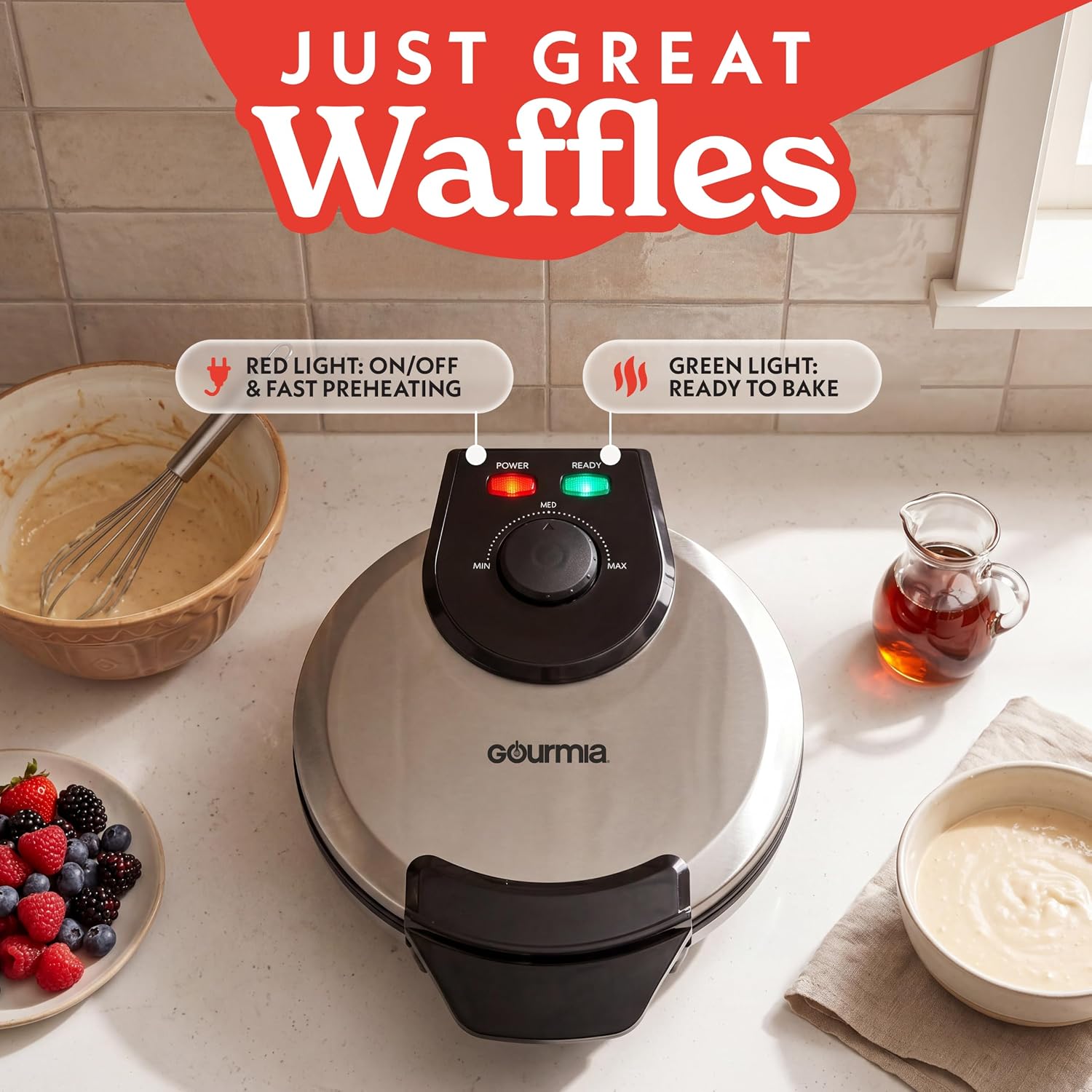Belgian Waffle Maker – Compact Design with Upright Storage, Adjustable Browning, and Easy-Clean Nonstick Ceramic