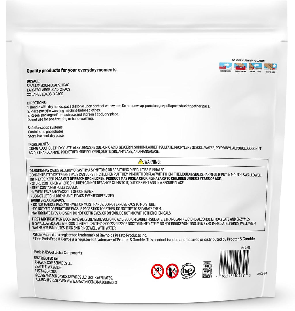 Laundry Detergent Pacs, Free & Clear, Powerful Triple Action, Hypoallergenic, Unscented, 112 Count