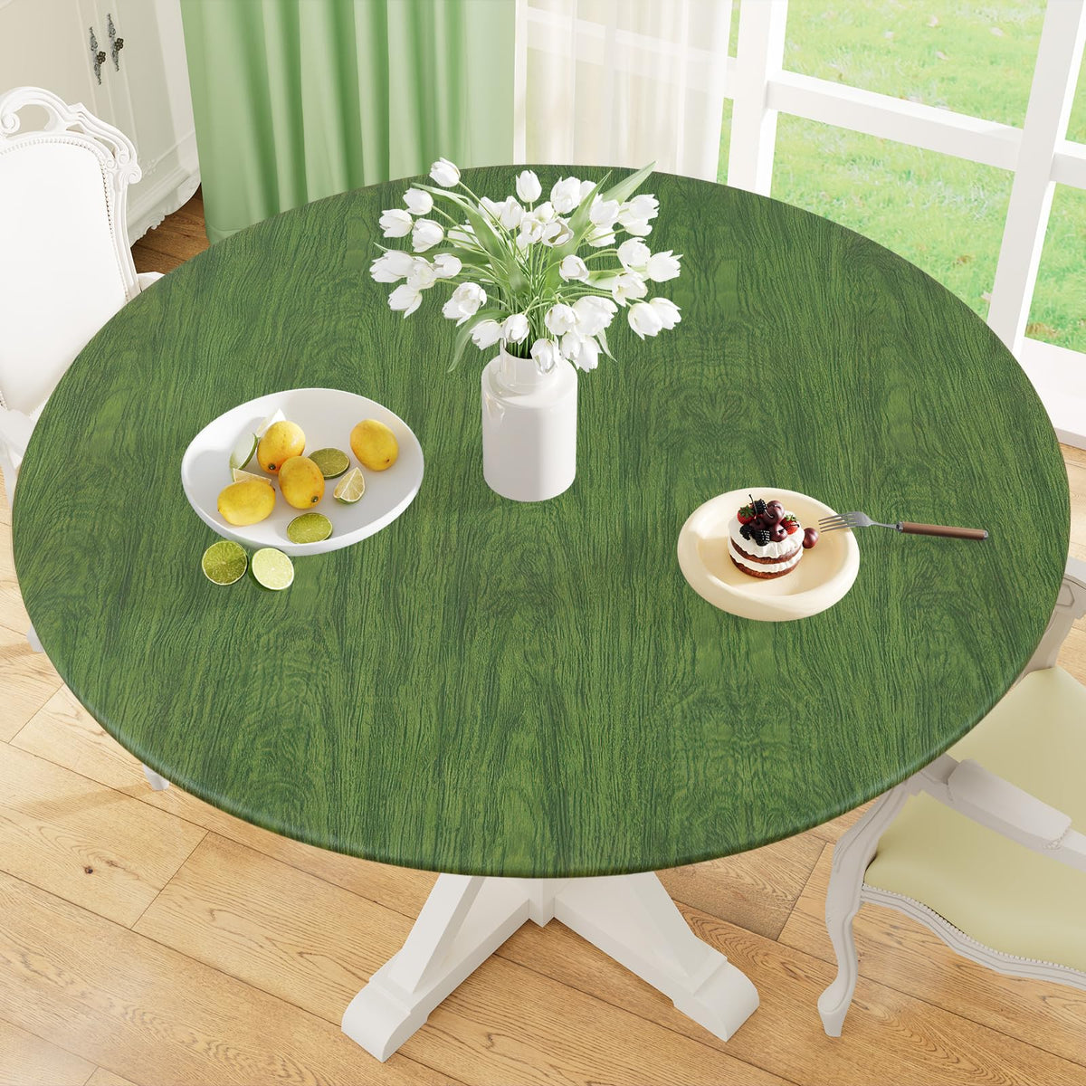 Round Fitted Vinyl Flannel Backed Tablecloth with Elastic Edge