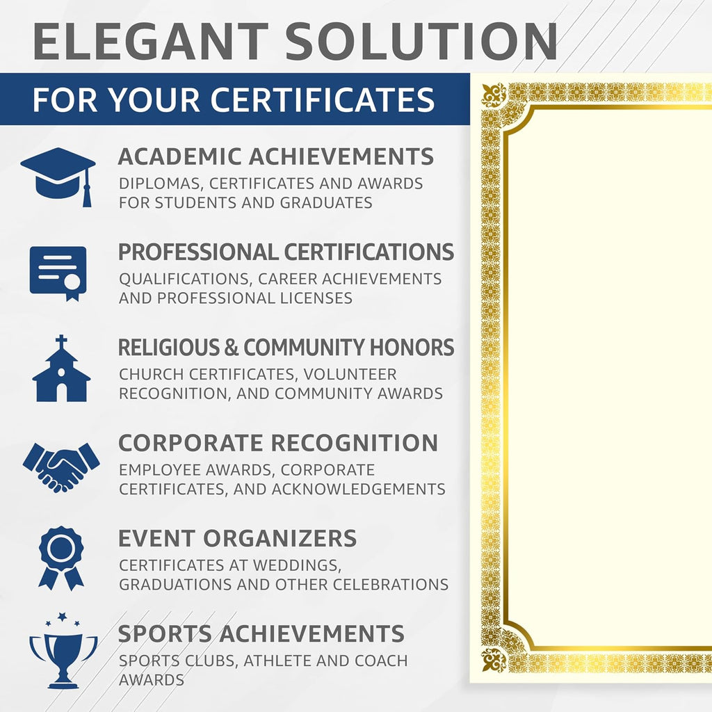 100 Certificate Paper 8.5 x 11 for Printing - Blank Certificate Papers for Award Certificates & Diploma Paper