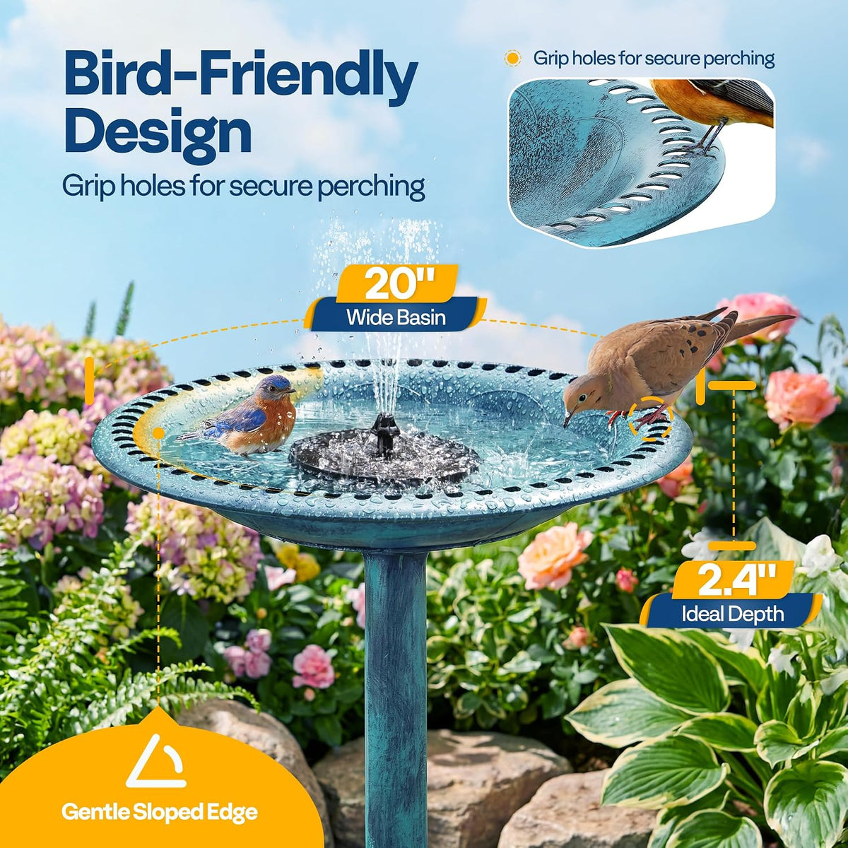 Bird Bath with Solar Fountain for Outside, Pedestal, Blue