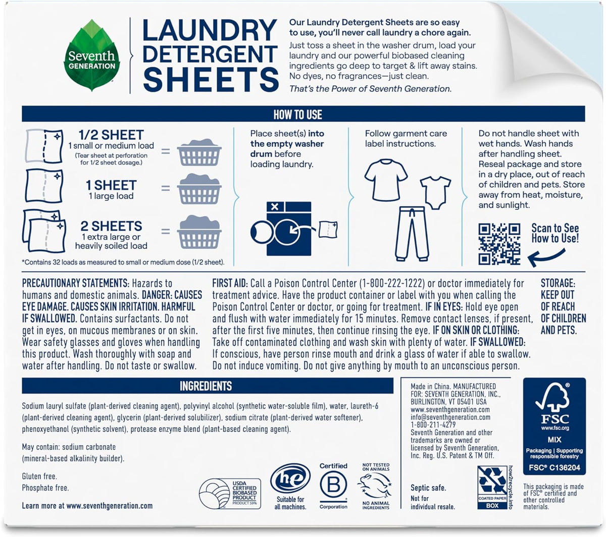 Laundry Detergent Sheets, Free & Clear, 32 Count
