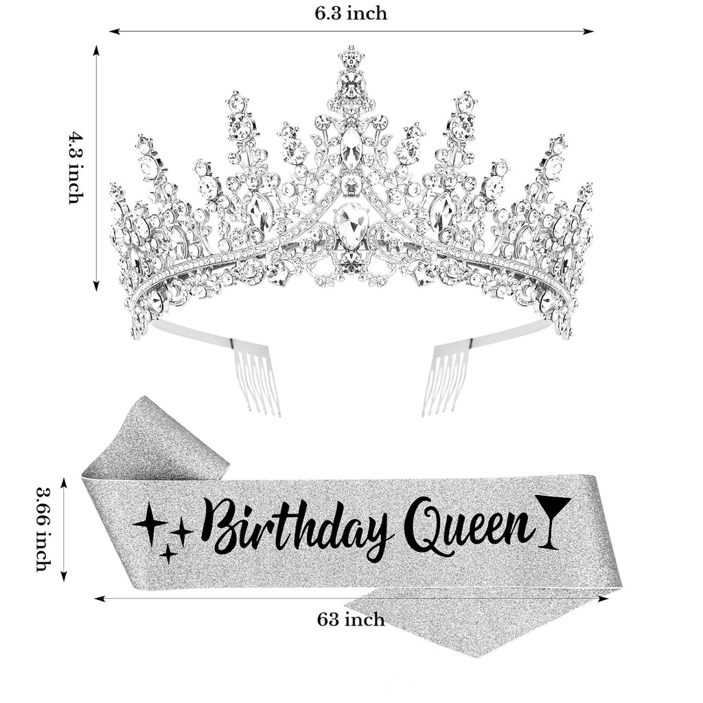Birthday Queen Crown and Sash Set, Crystal Rhinestone Tiara, Silver Glitter Birthday Party Accessories Crown Princess
