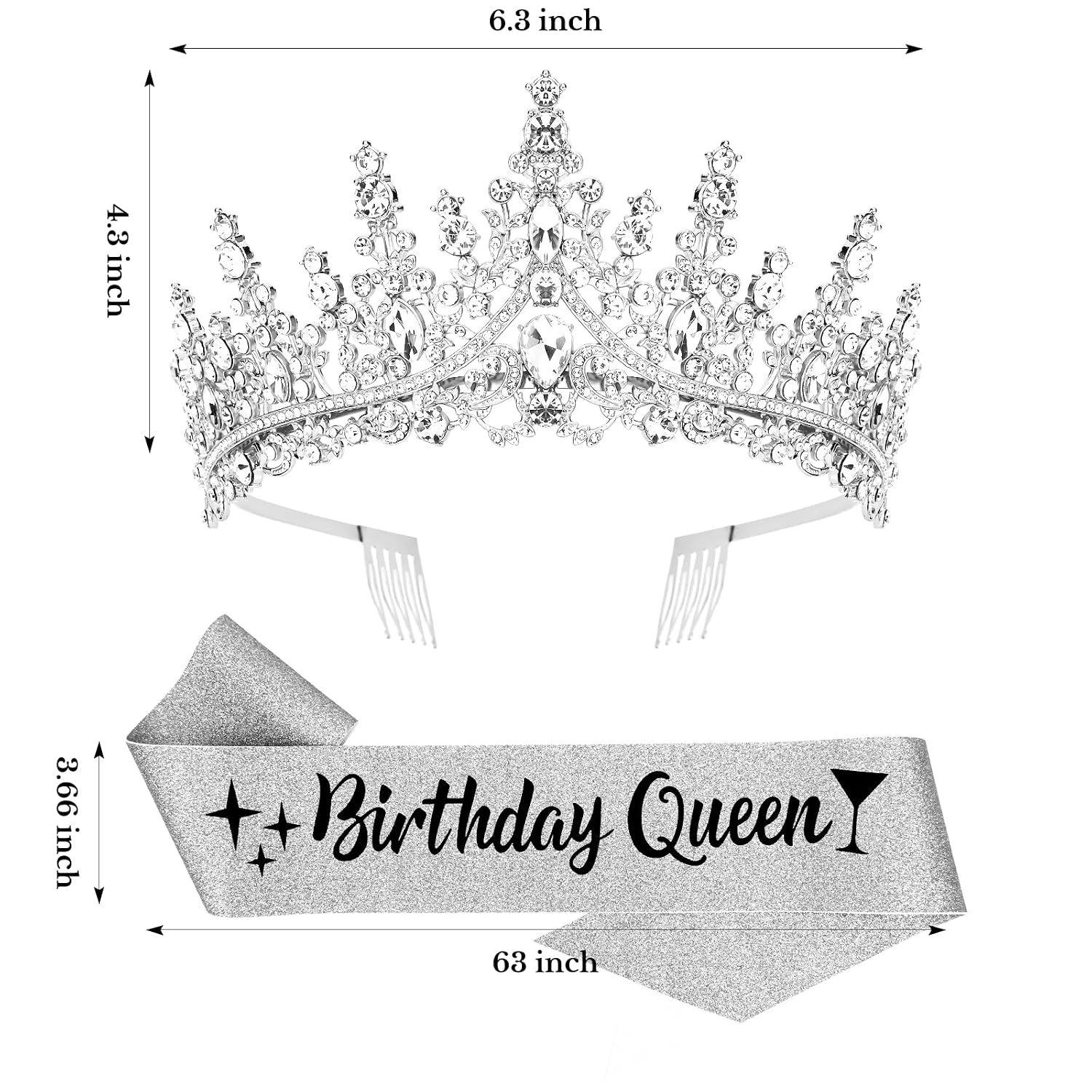 Birthday Queen Crown and Sash Set, Crystal Rhinestone Tiara, Silver Glitter Birthday Party Accessories Crown Princess