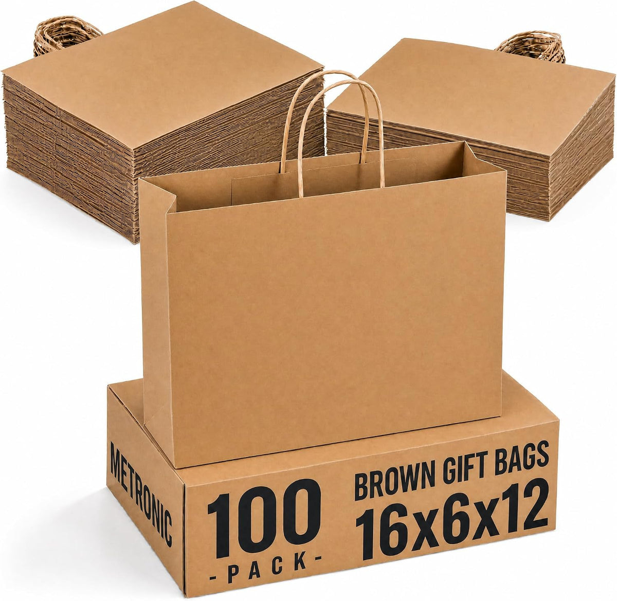 Large Brown Paper Bags with Handles 16x6x12 Inch 100 Pack