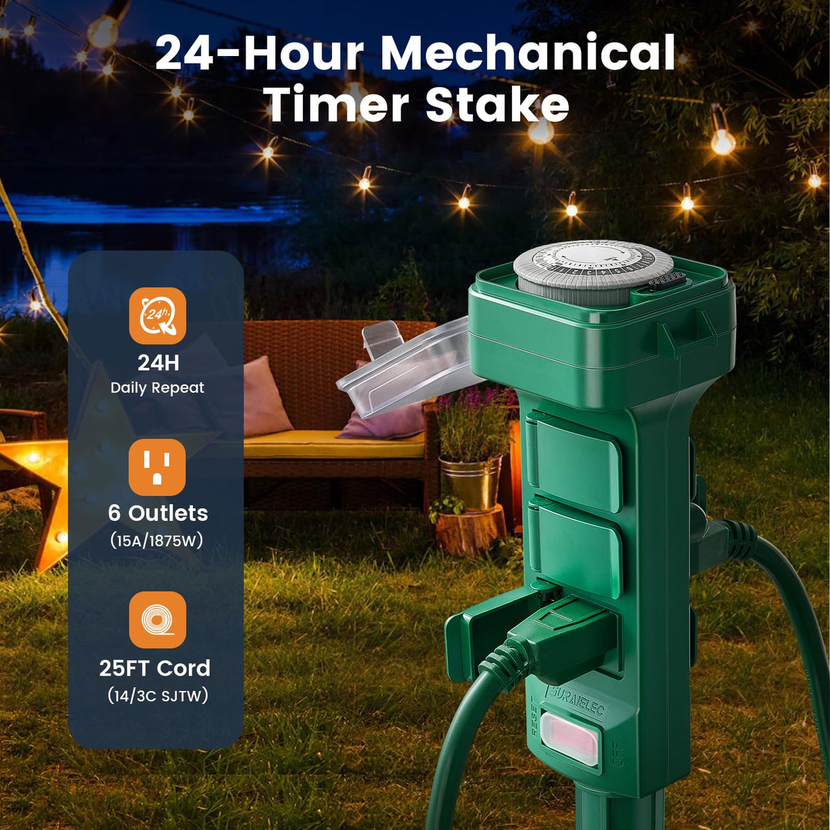 Outdoor Power Stake Timer 24-Hour Mechanical Timers, 25FT