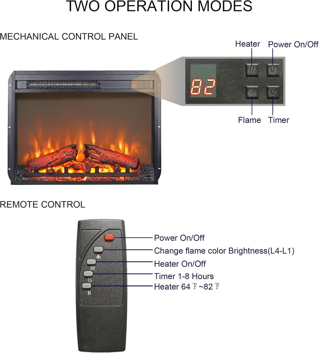 26 Inch Electric Fireplace Insert with Remote Control, Ultra Thin Heater with Realistic Flame and Log Set, Timer