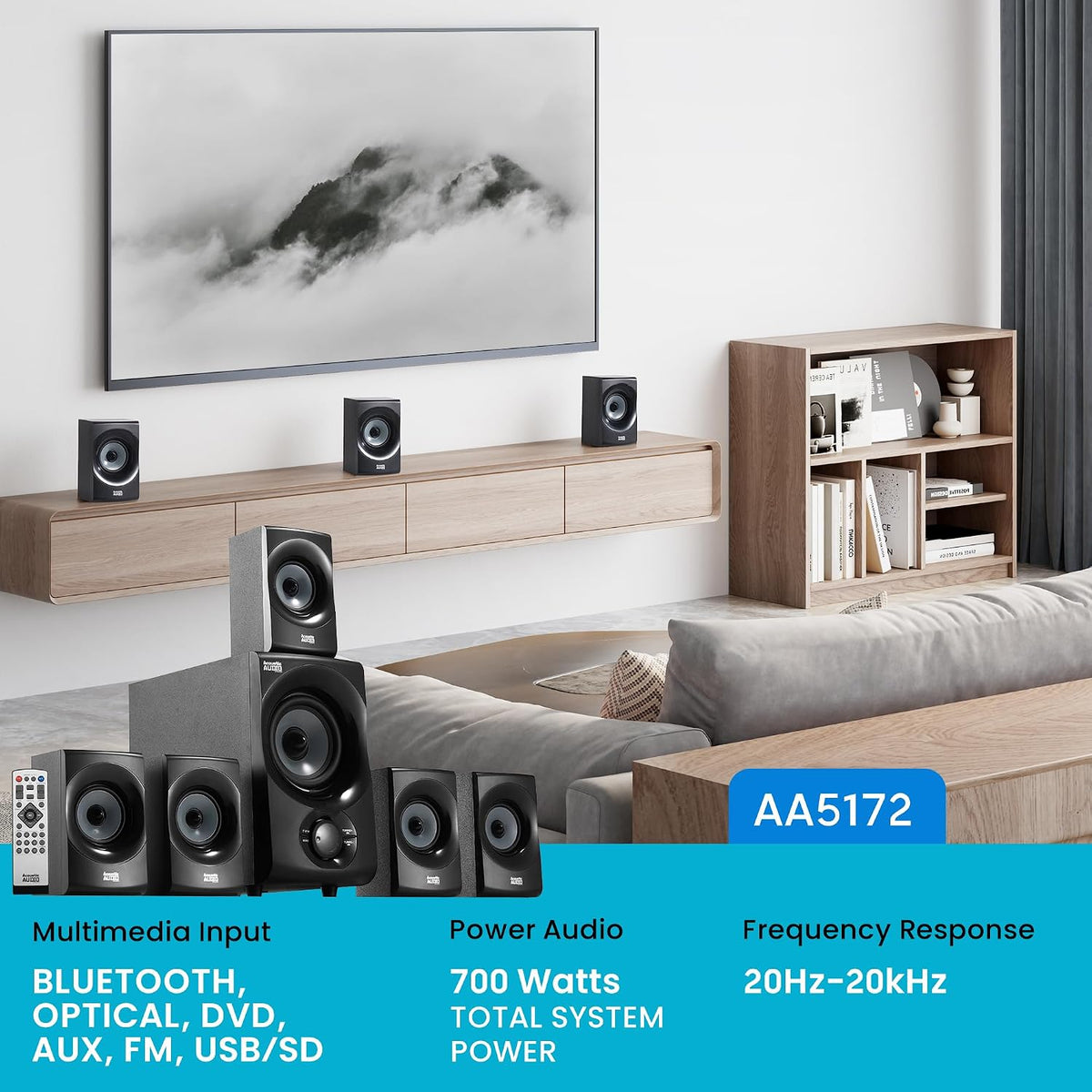 Acoustic Audio AA5172 700W Bluetooth Home Theater 5.1 Speaker System with FM Tuner, USB, SD Card, Remote Control