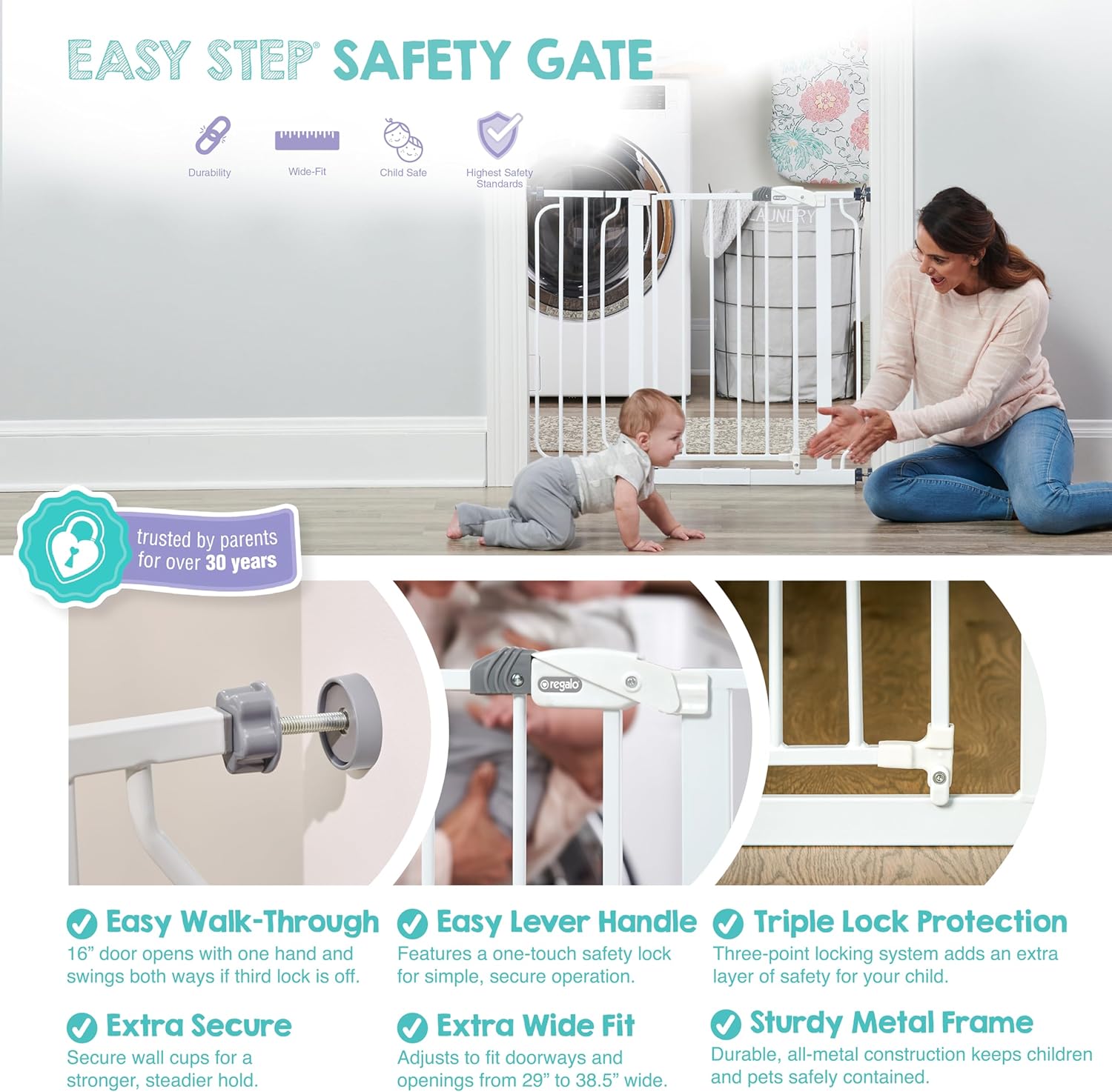Safety 29-38.5" Baby Gate for Doorways & Bottom of Stairs, Pressure Mounted Baby Gate with Door for Babies, Toddlers