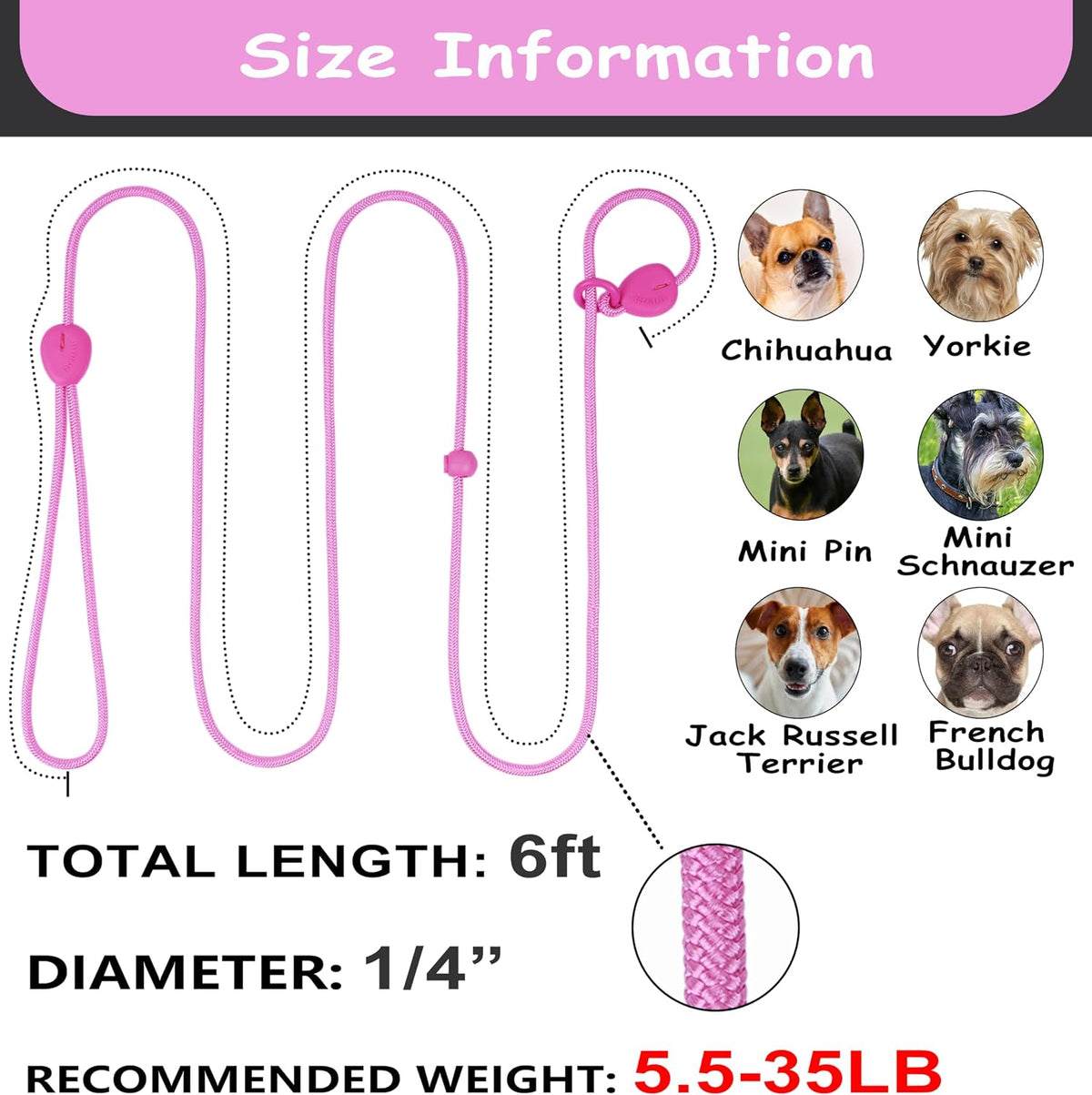 6FT Dog Training Leash - Slip Lead for Small & Medium Dogs - Strong, Lightweight, No Pull - Comfortable Loop (D-Pink