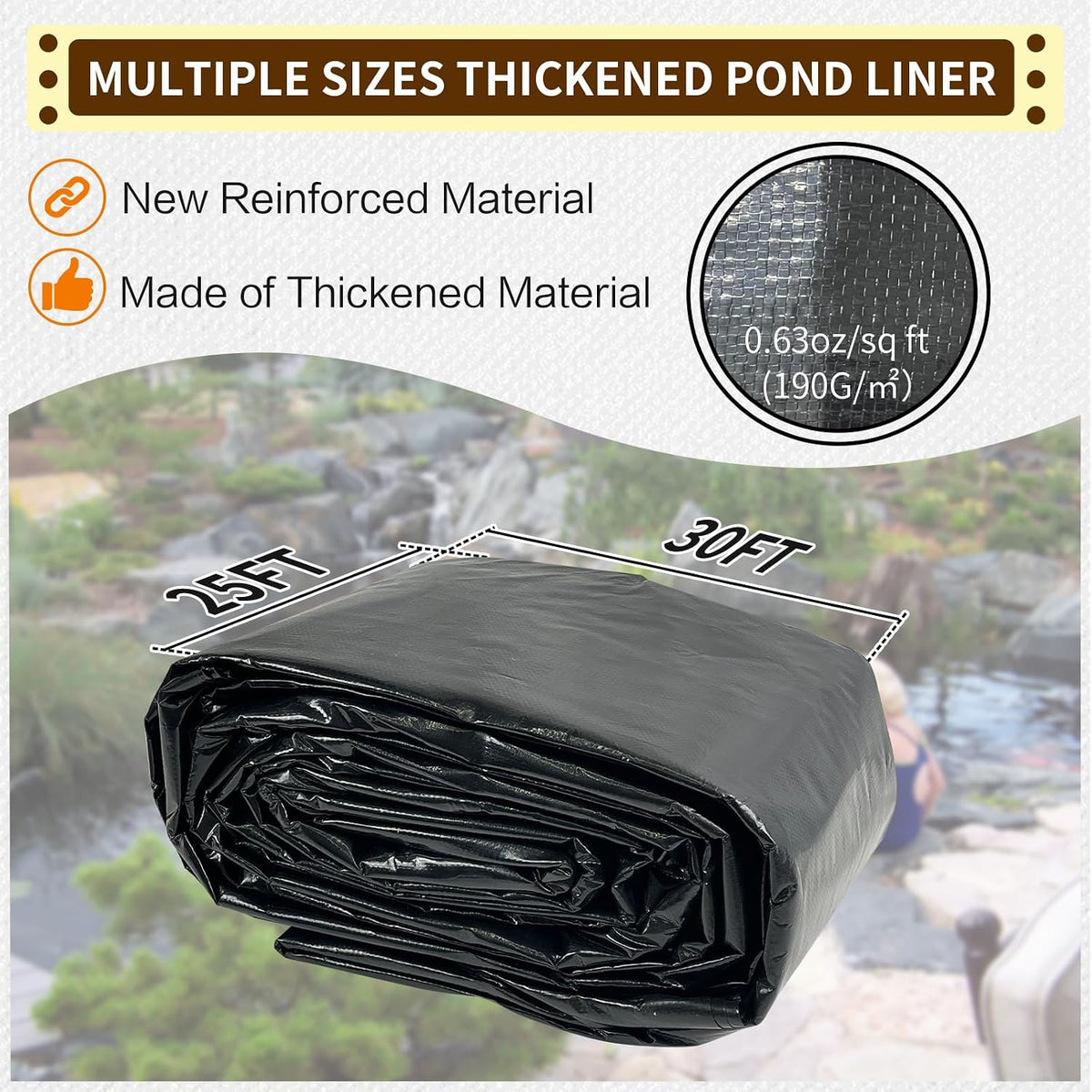 25X30FT Reinforced PE Pond Liner for Fish, Duck Outdoor Ponds(0.63oz/sq ft)