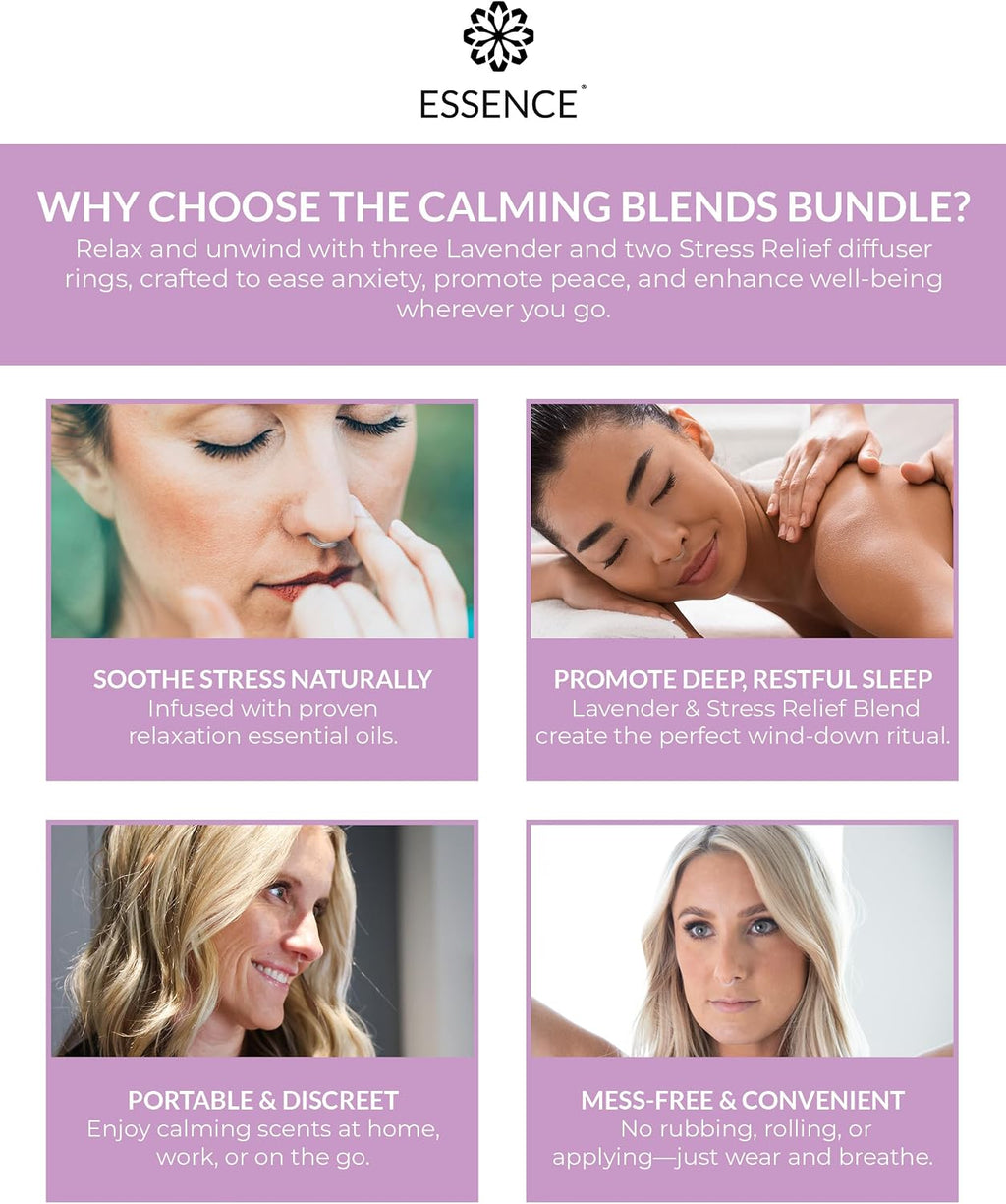 Essence Nasal Diffuser Calming Bundle – Aromatherapy Essential Oil Silicone Nose Rings for Stress & Sleep Support –