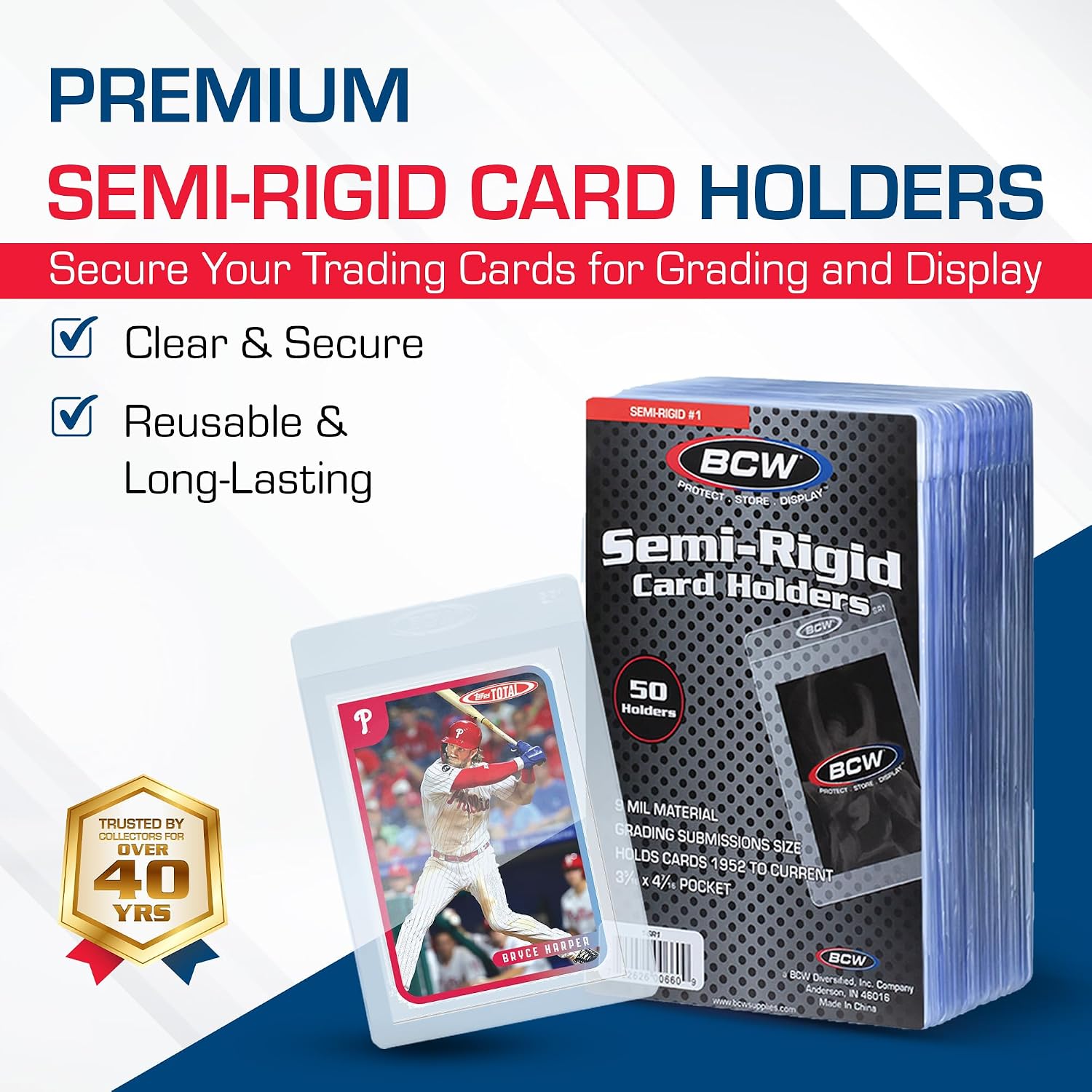 Semi-Rigid Card Holder #1 for Standard Cards up to 35 Pt, 50 Count | Crystal-clear rigid PVC holders fit sleeved or