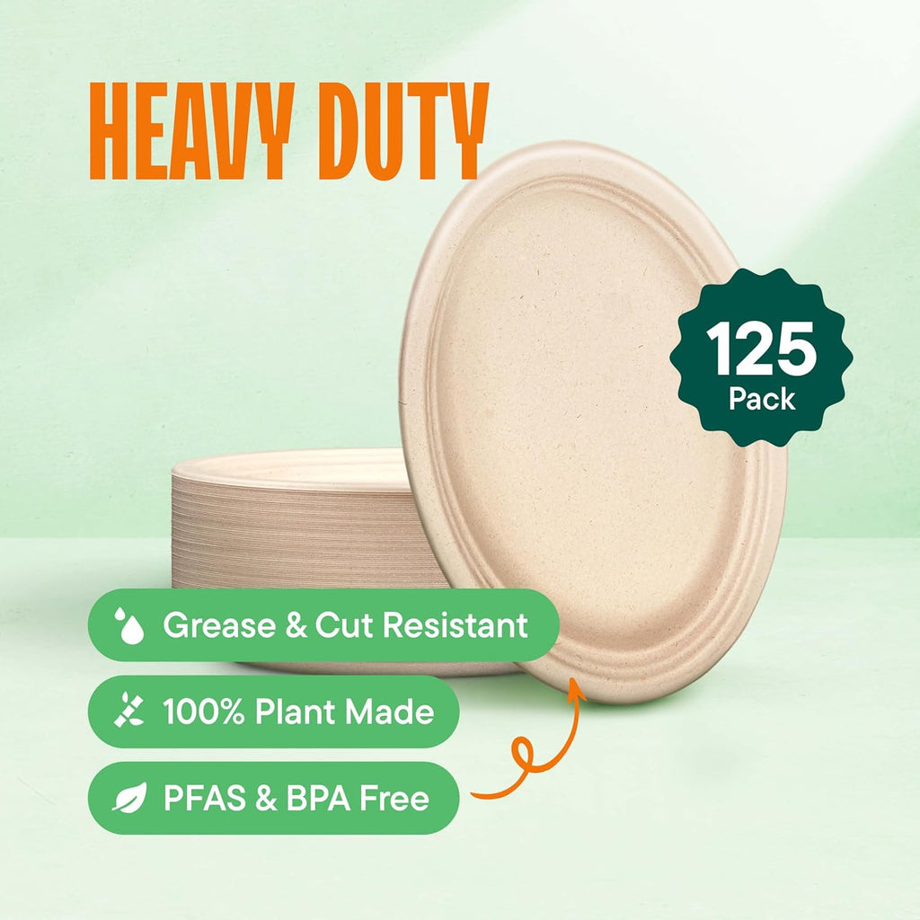 100% Compostable Oval Paper Plates [12.5 inch - 50-Pack] Elegant Disposable Dinner Platter Heavy-Duty Quality