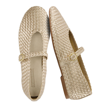Bistro Mary Jane Flats for Women, Woven Ballet Flats Shoes with Strap and Memory Foam for All-Day Comfort, Gold 9