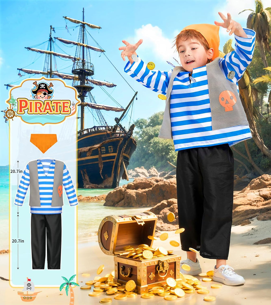 Boy's Dress Up Costumes Set, Kids Role Play Set 11pcs Dress Up Trunk | Pirate, Chef, Construction Worker, Policeman
