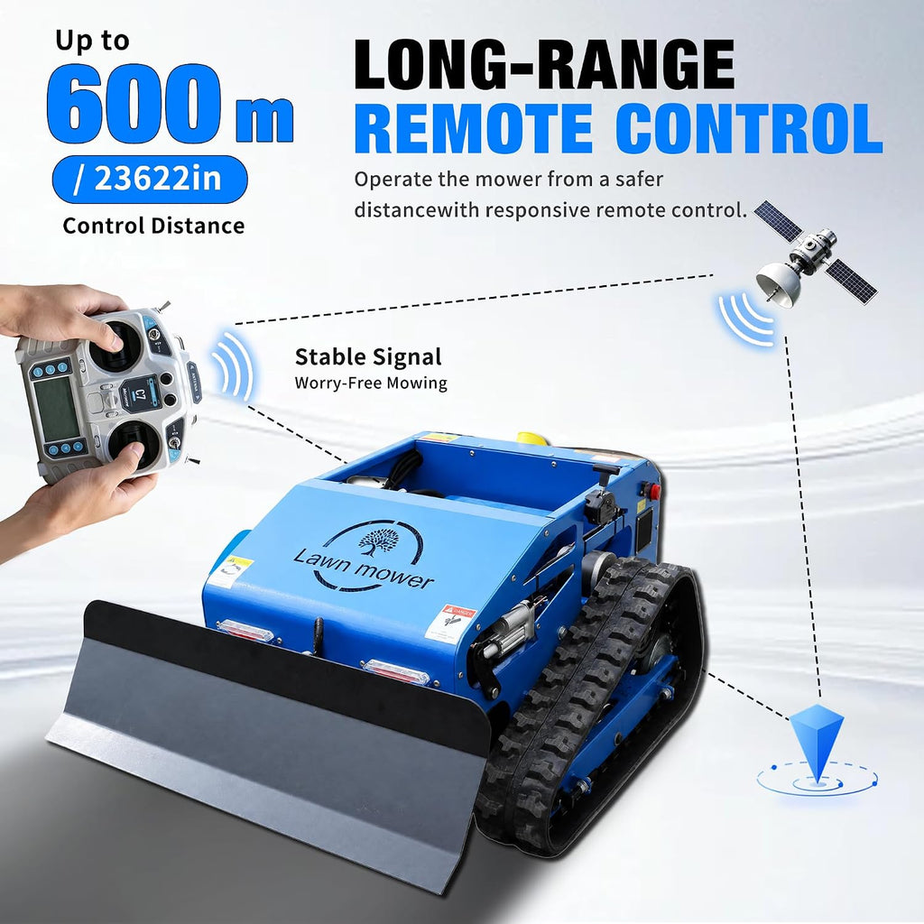 Remote Control Lawn Mower Robot Crawler with Snow Plow Attachment-Range 600m, Hybrid Gas-Electric Power, 9HP Gasoline