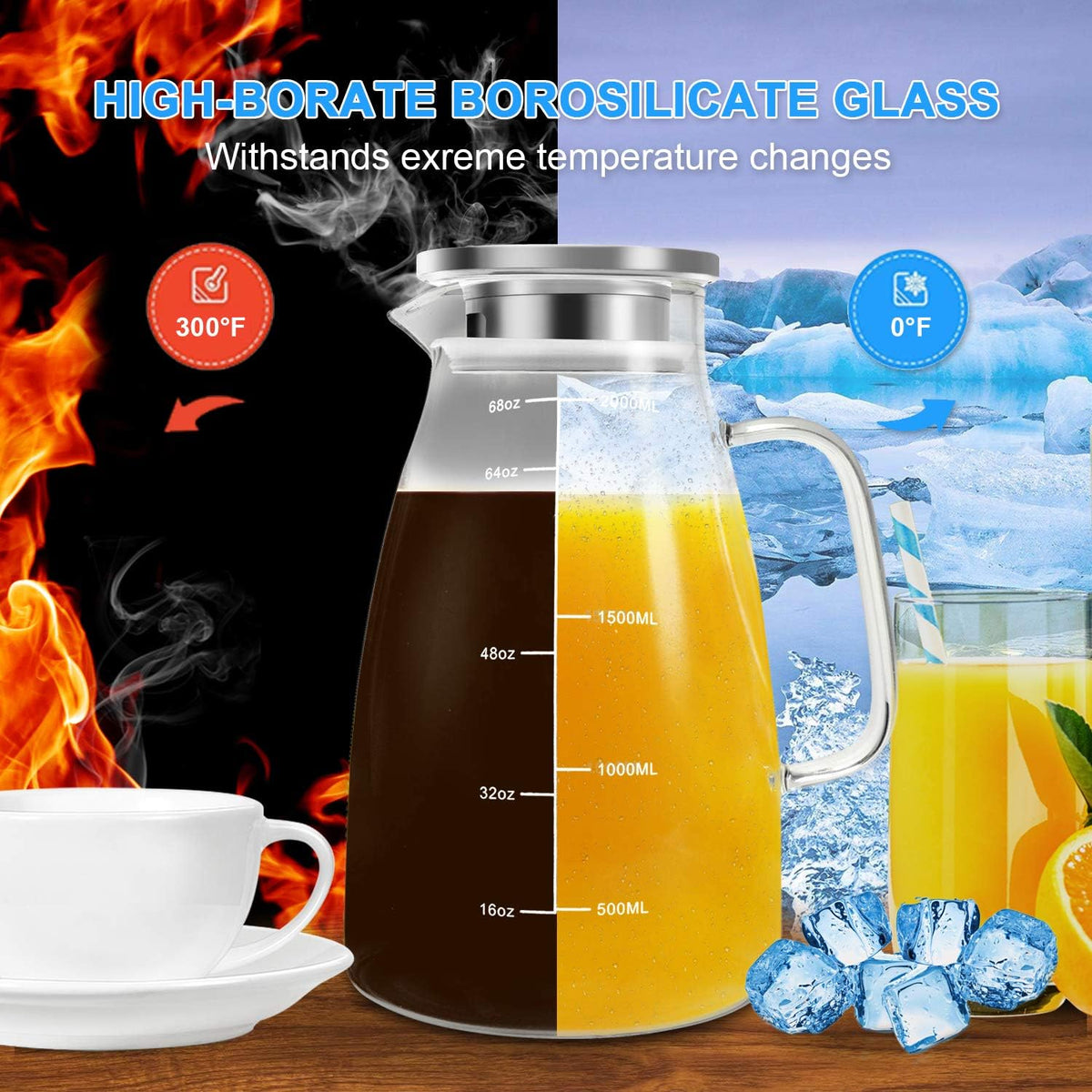 Glass Pitcher with Lid and Handle, Glass Water Pitchers, 2 Liter