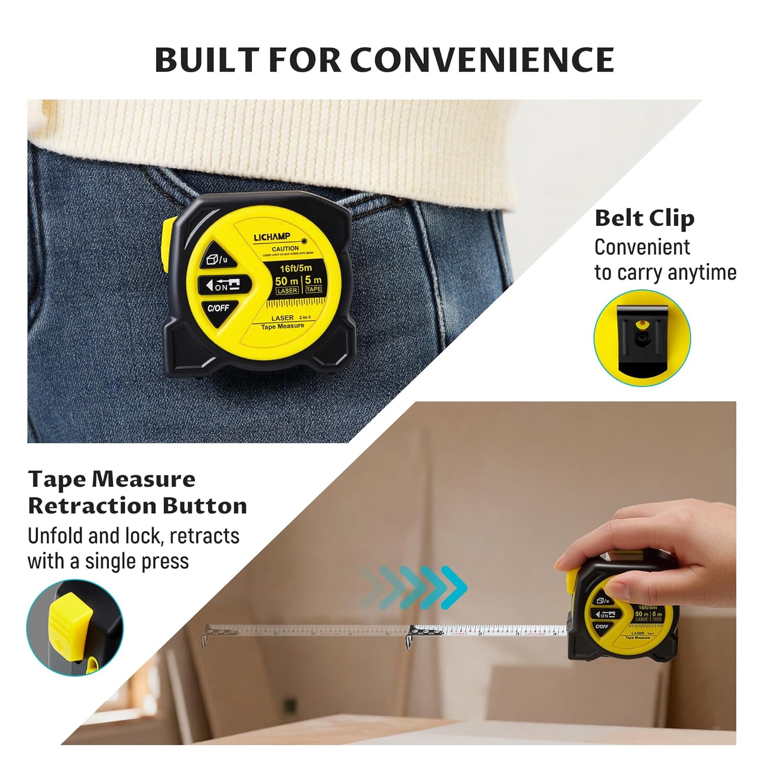 Laser Tape Measure, 164ft Class II Laser Distance Meter (0.49mW Red Laser) and 16ft Manual Tape Measure