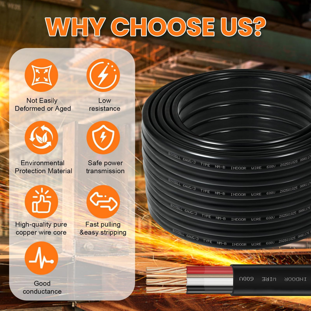 35FT 6/3 NM-B Wire with Ground 6/3 Electrical Wire 6/3 W/G Cable NMB Wire