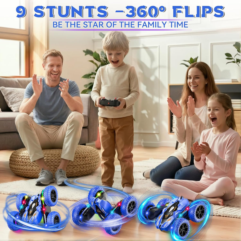 RC Car for Boy Ages 6-12: 2 Batteries 360° Stunt Rotating 4WD Remote Control Toy with Headlights, Indoor Outdoor