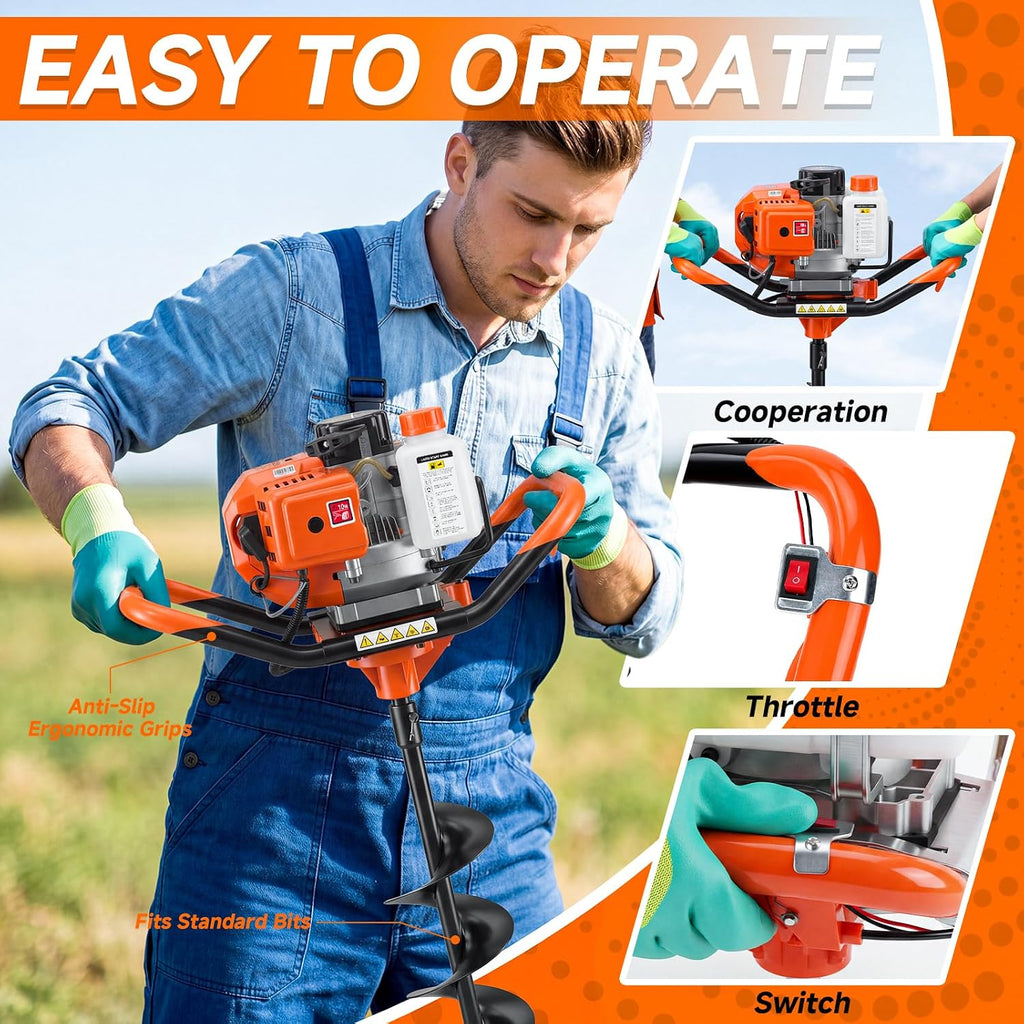 63CC 2-Stroke Gas Powered Auger Post Hole Digger with 6"/8" Auger Bits & Ext | Upgraded Earth Post Hole Digger, Power