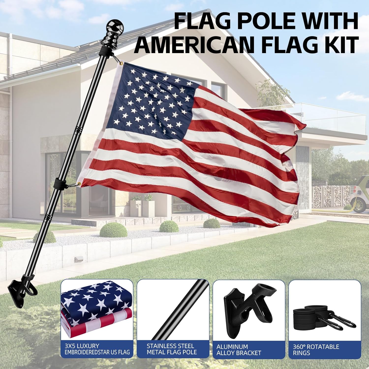 American Flag with Pole for House Outside, Including 5Ft Heavy Duty Flag Aluminum Poles Kit and 100% Polyester 3x5 ft
