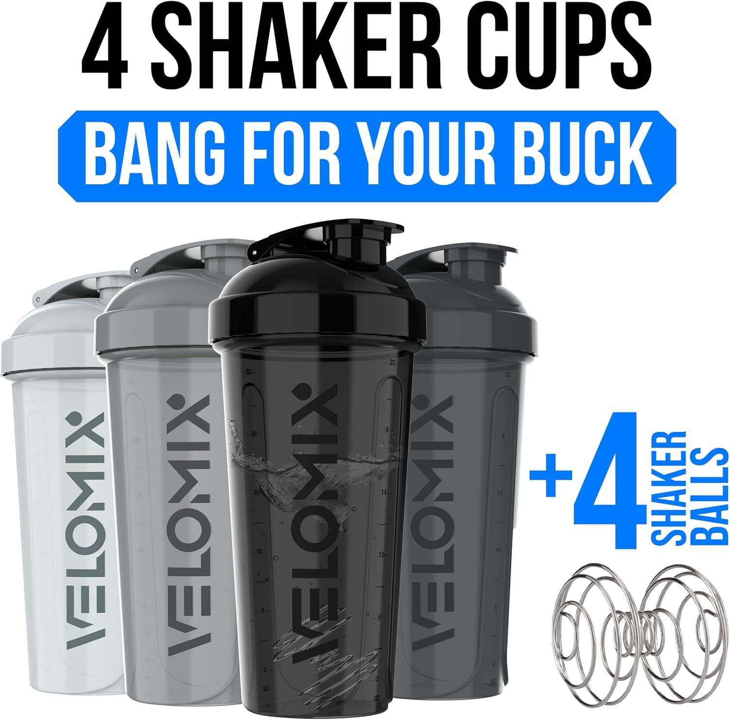 4 Pack 28oz Protein Shaker Bottle for Protein Mixes, Silver Aurora | 4x Wire Whisk, Leak Proof Shaker Cups for