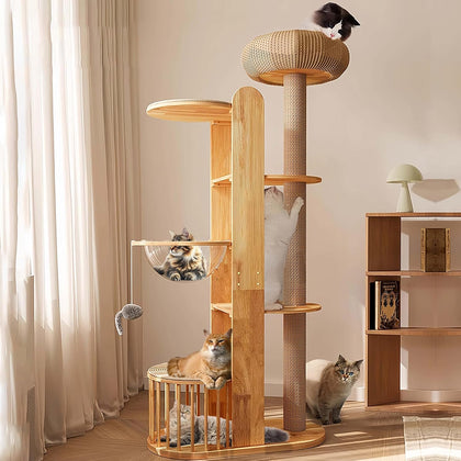 Solid Wooden Cat Tree Tower for Indoor Cat Large Adult with Scratching Post